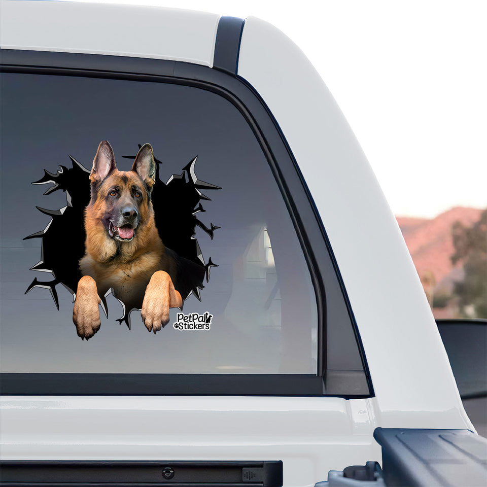 High quality German Shepherd pet sticker installed on the back window of a truck.