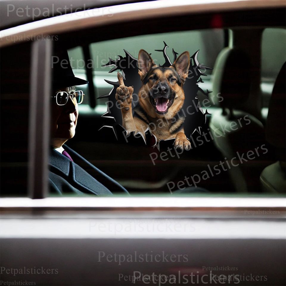 Realistic German Shepherd vinyl decal displayed on the exterior car door.