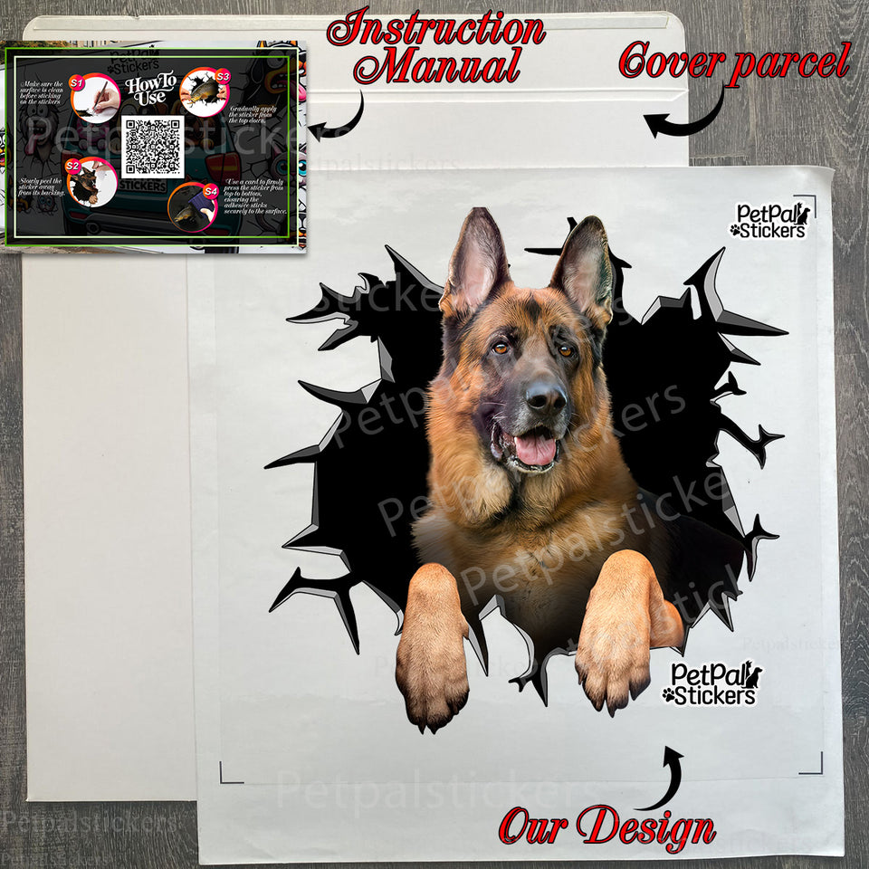 Protective retail package containing an 11x11 German Shepherd decal with instructions.