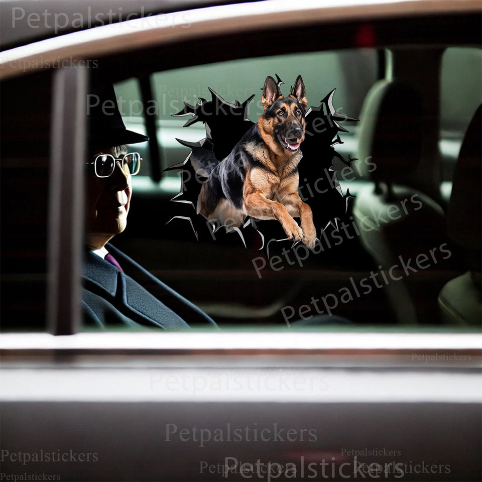 Vibrant German Shepherd decal placed neatly on the exterior of a black car door.