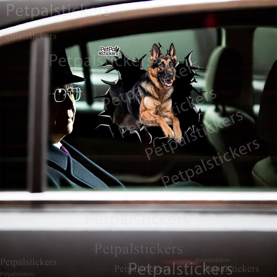 Realistic German Shepherd decal applied to the exterior car door panel of a clean modern vehicle.