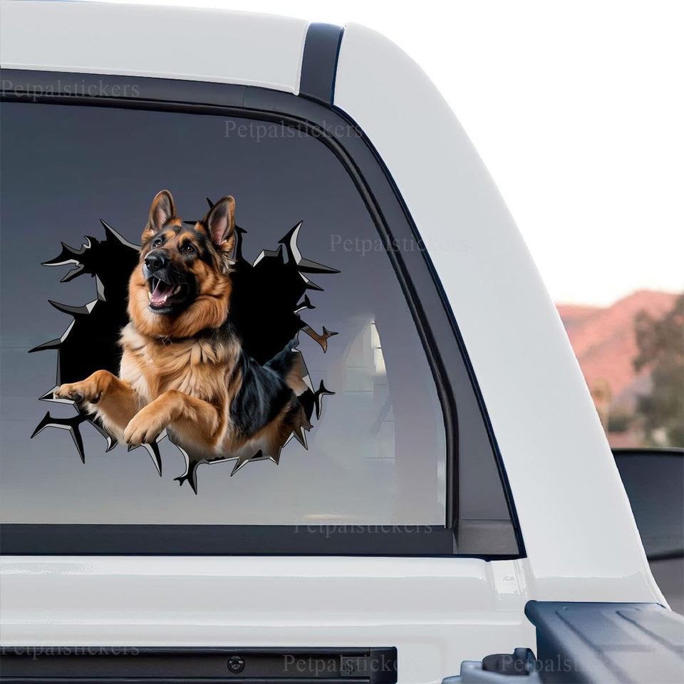 German Shepherd realistic cracked glass graphic decal in a standalone product design format.