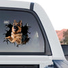 Eye-catching German Shepherd broken glass graphic decal displayed on the back window of a truck.
