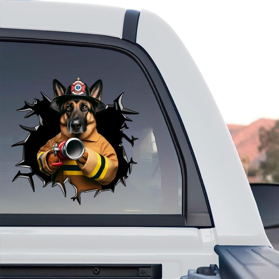 German Shepherd firefighter car decal standalone product design breaking through glass with hose.