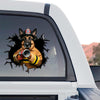 German Shepherd firefighter car decal standalone product design breaking through glass with hose.