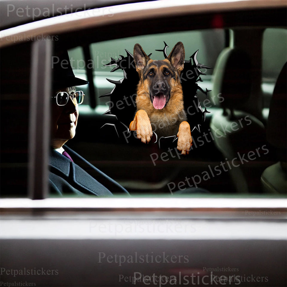 Vibrant German Shepherd On Board graphic decal applied smoothly to a white car door exterior.