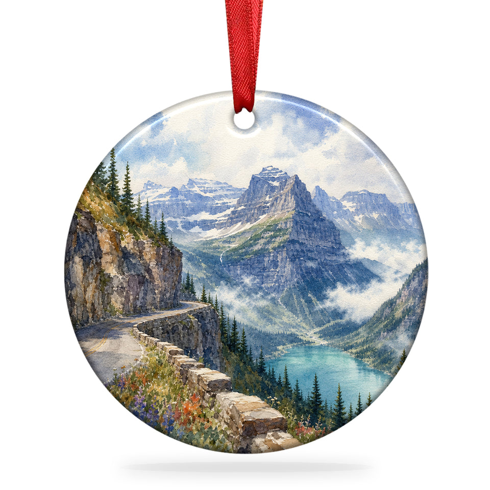 Going-to-the-Sun Road ceramic ornament centered on a plain white background with hanging loop.