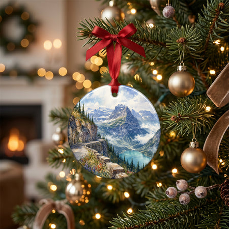Holiday ornament styled across a rustic tabletop beside seasonal pinecones.