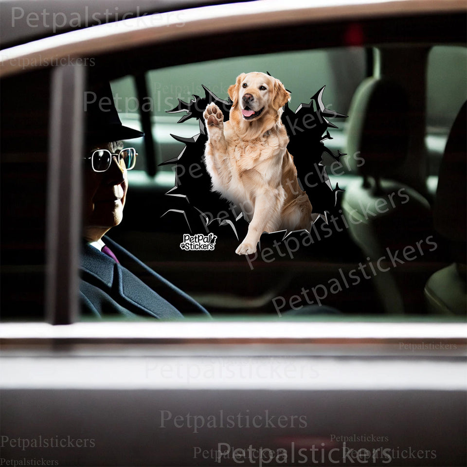 Glossy Golden Retriever dog sticker applied smoothly to the metal car door of a vehicle.
