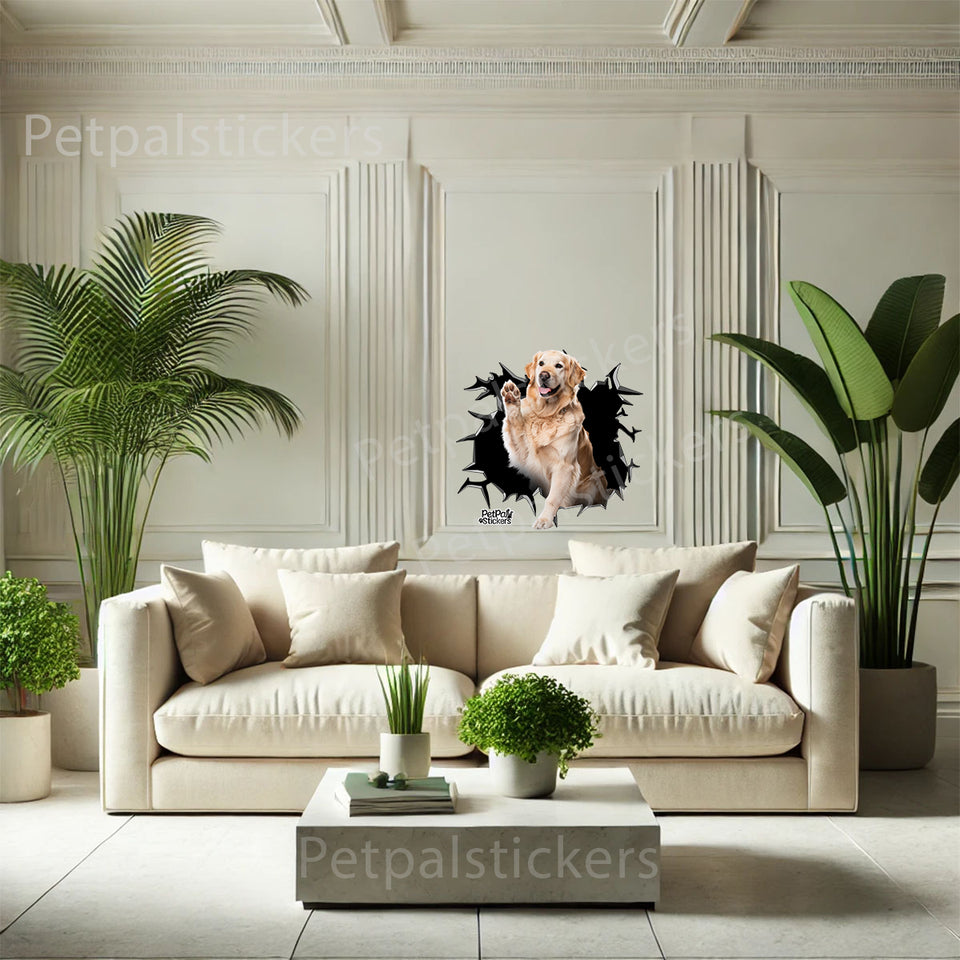 Vibrant Golden Retriever pet artwork decal placed cleanly on an indoor bedroom wall.
