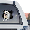 Outdoor durable dog decal featured on the side window of a truck