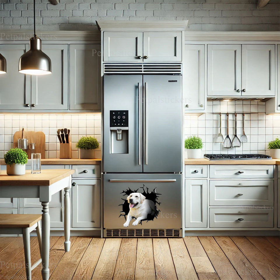 Decorative golden retriever artwork displayed on a kitchen refrigerator