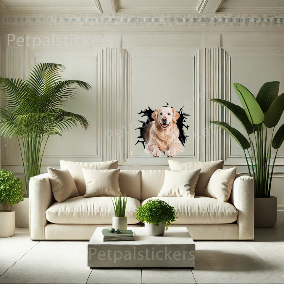 Indoor painted wall decorated with the Golden Retriever  Beach clear vinyl art sticker.