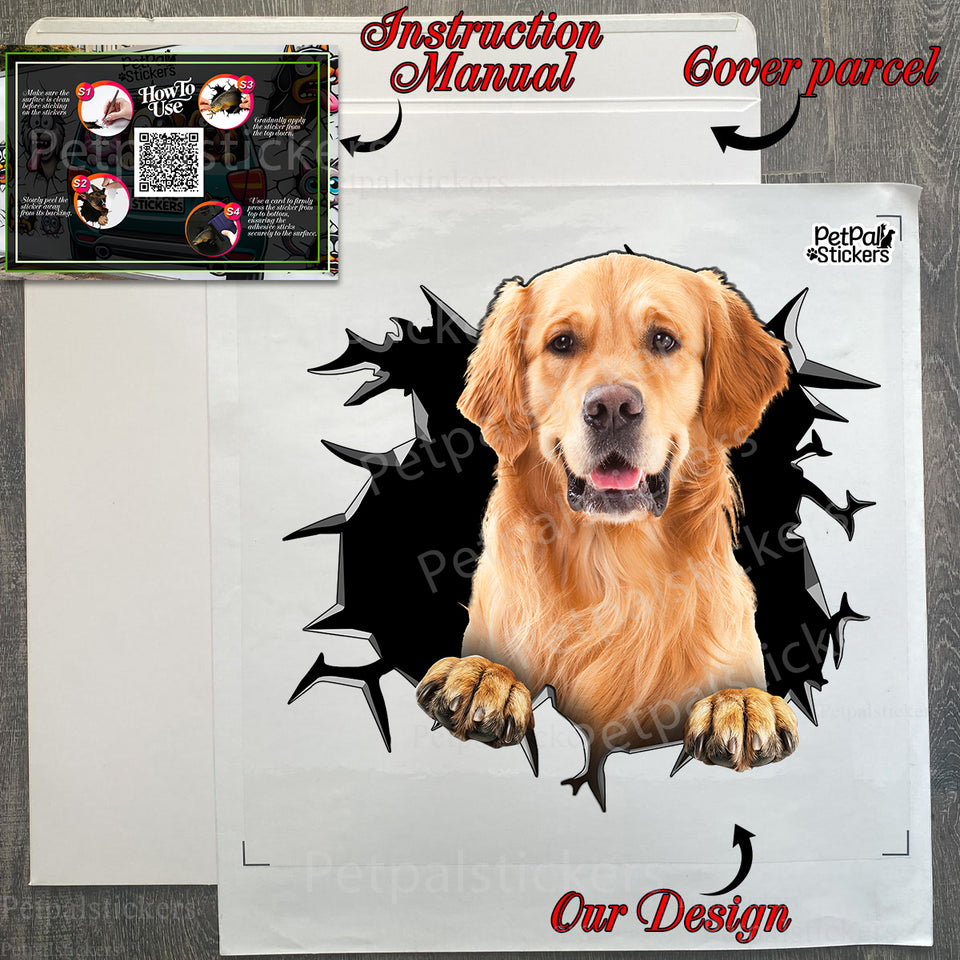 Secure product package containing the Golden Retriever decal and clear application instructions.