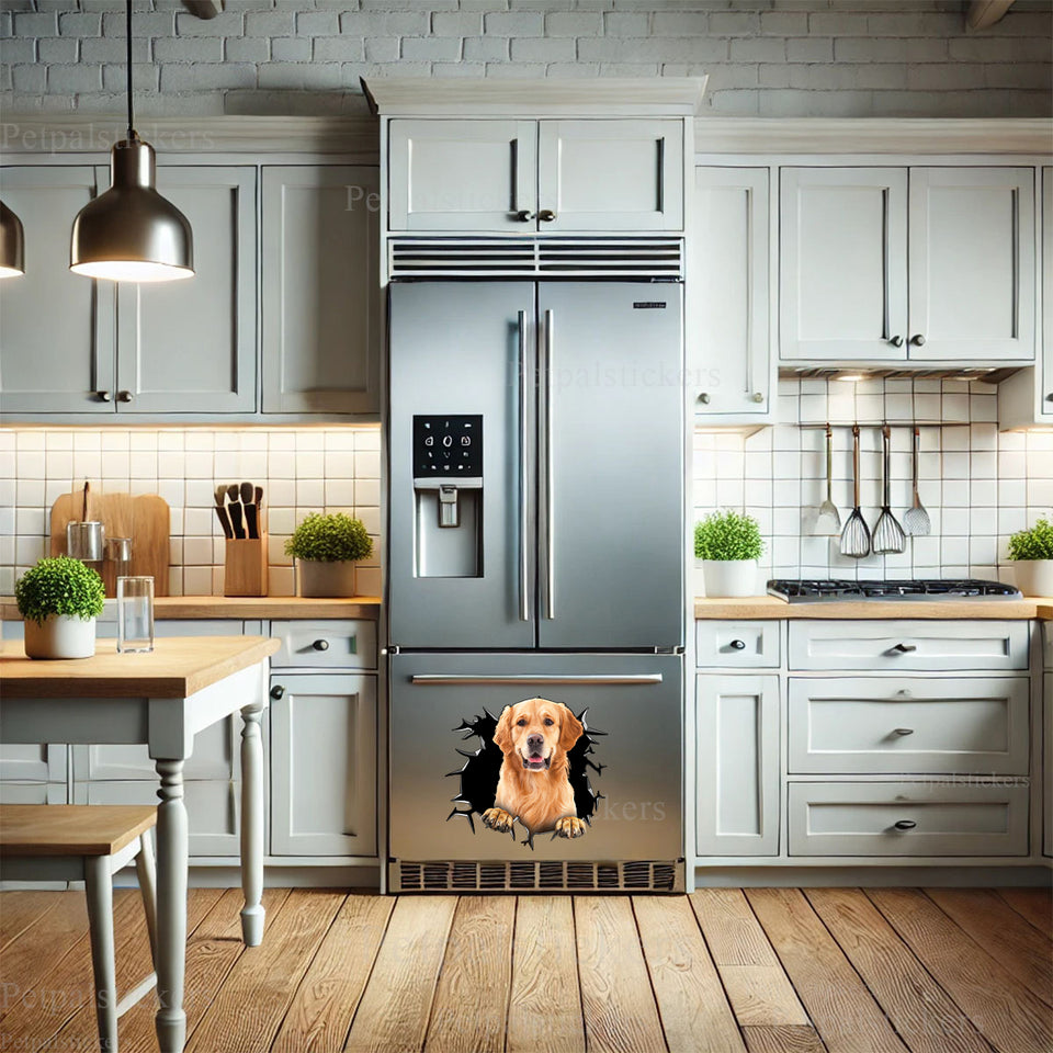 Cute Golden Retriever decorative decal styled on the gloss finish of a kitchen refrigerator.