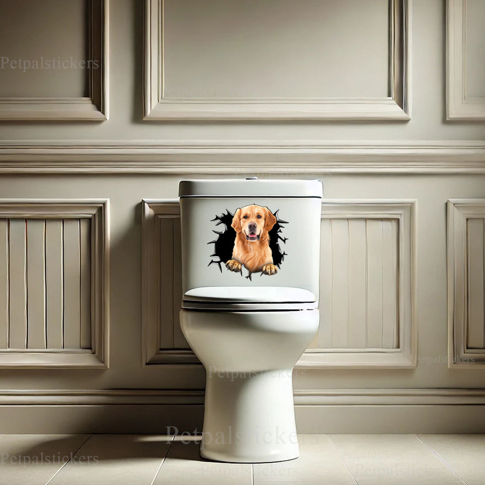 Playful Golden Retriever vinyl graphic sticker placed neatly on a clean white toilet lid.