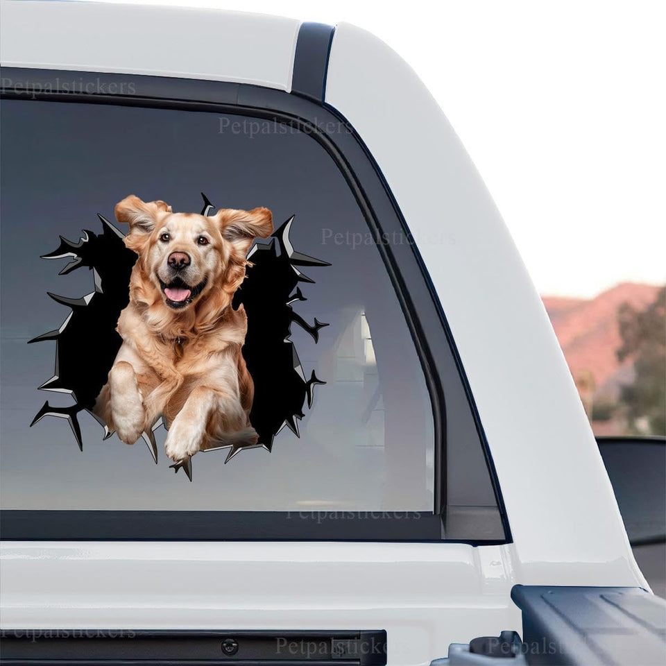 Realistic Golden Retriever standalone product design featuring a broken glass visual effect.