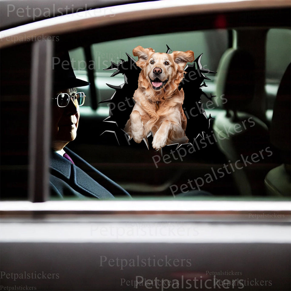 Smiling Golden Retriever sticker applied smoothly to the exterior car door panel.