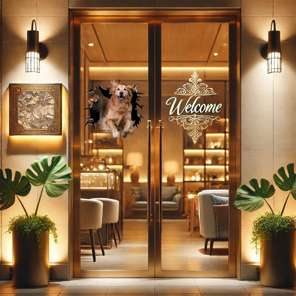Glossy Golden Retriever Wall vinyl graphic placed neatly on a glass patio door pane.