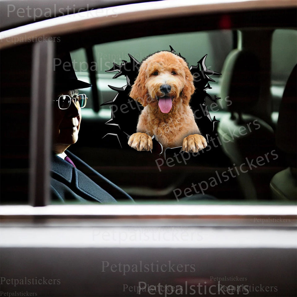 Vibrant curly-haired Goldendoodle decal mounted cleanly on a white car door surface.