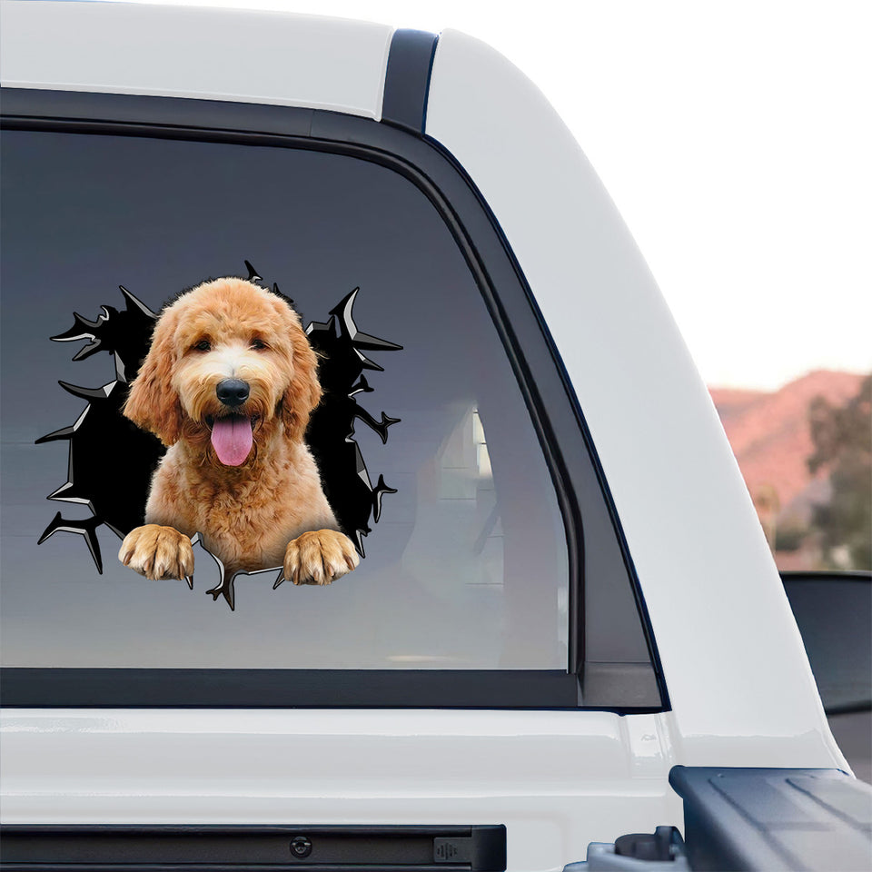 Happy golden dog graphic applied smoothly to the rear window glass of a black truck.