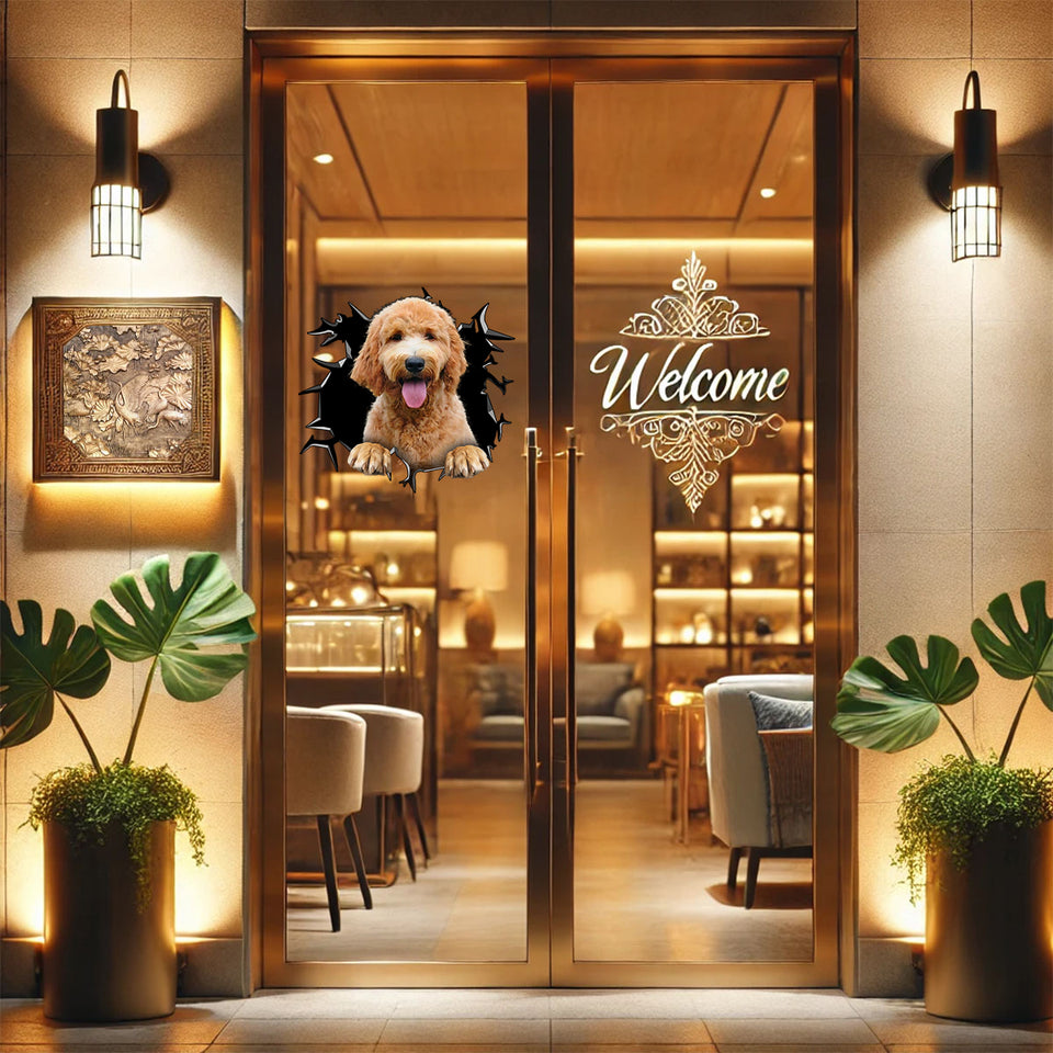 Detailed dog art applied on an interior wooden door pane for decorative charm.