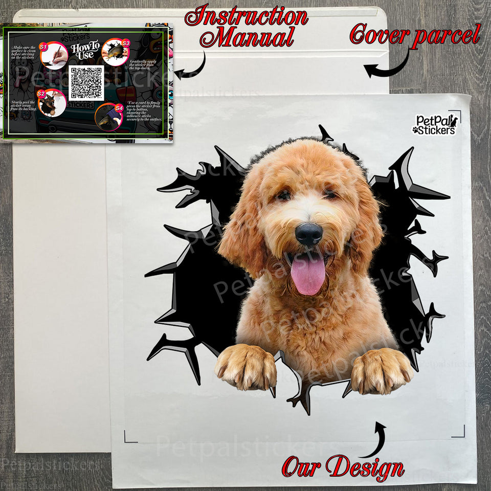 Carefully packed Goldendoodle decal inside protective package packaging ready to install.