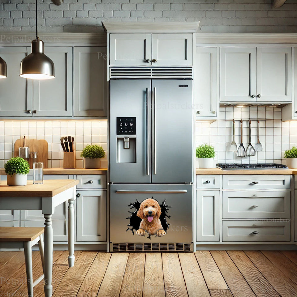 Glossy Goldendoodle vinyl sticker decorating the stainless steel front of a kitchen refrigerator.