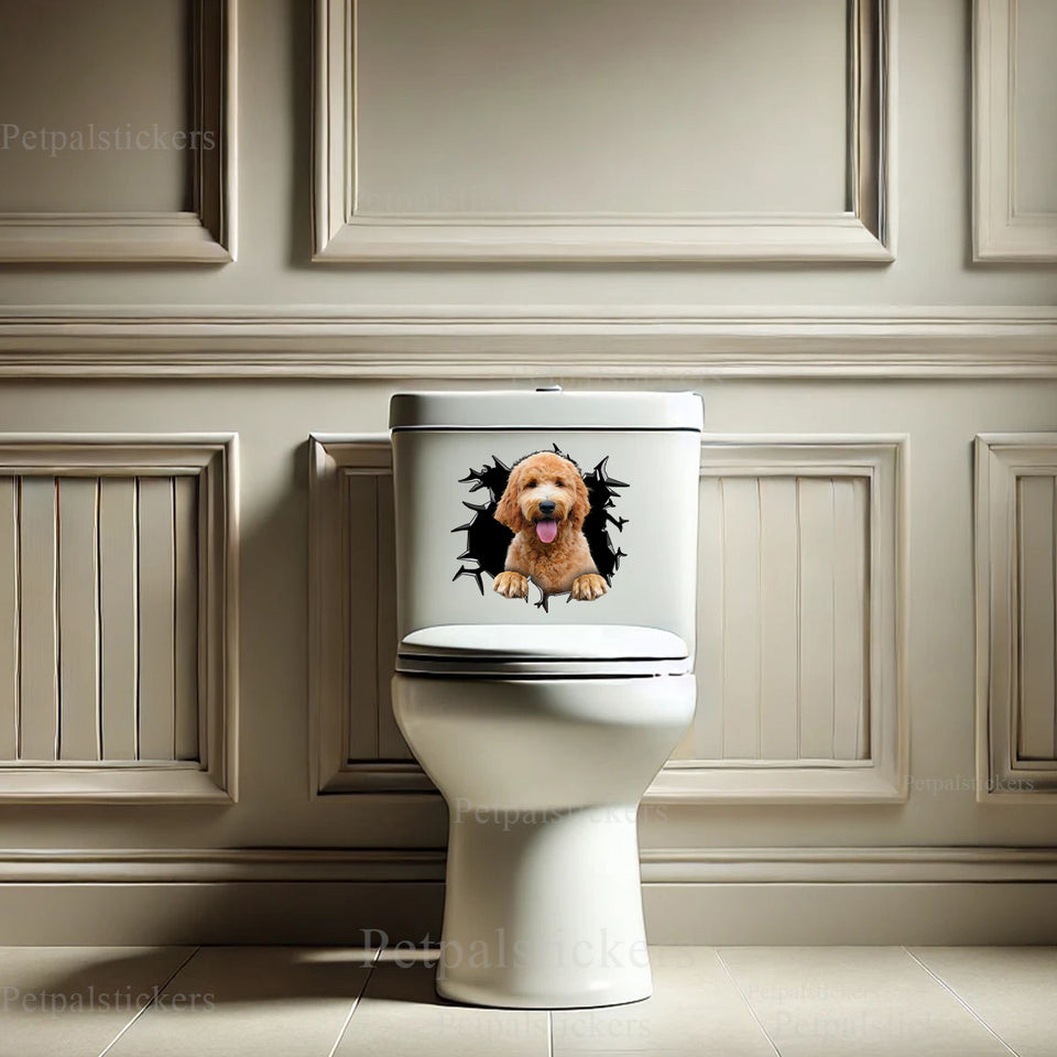 Humorous dog decal positioned on the smooth lid of a modern bathroom toilet.