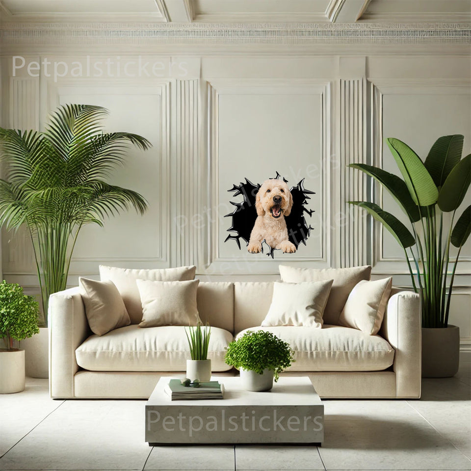 Adorable Goldendoodle dog decal brightening up an indoor living room wall.