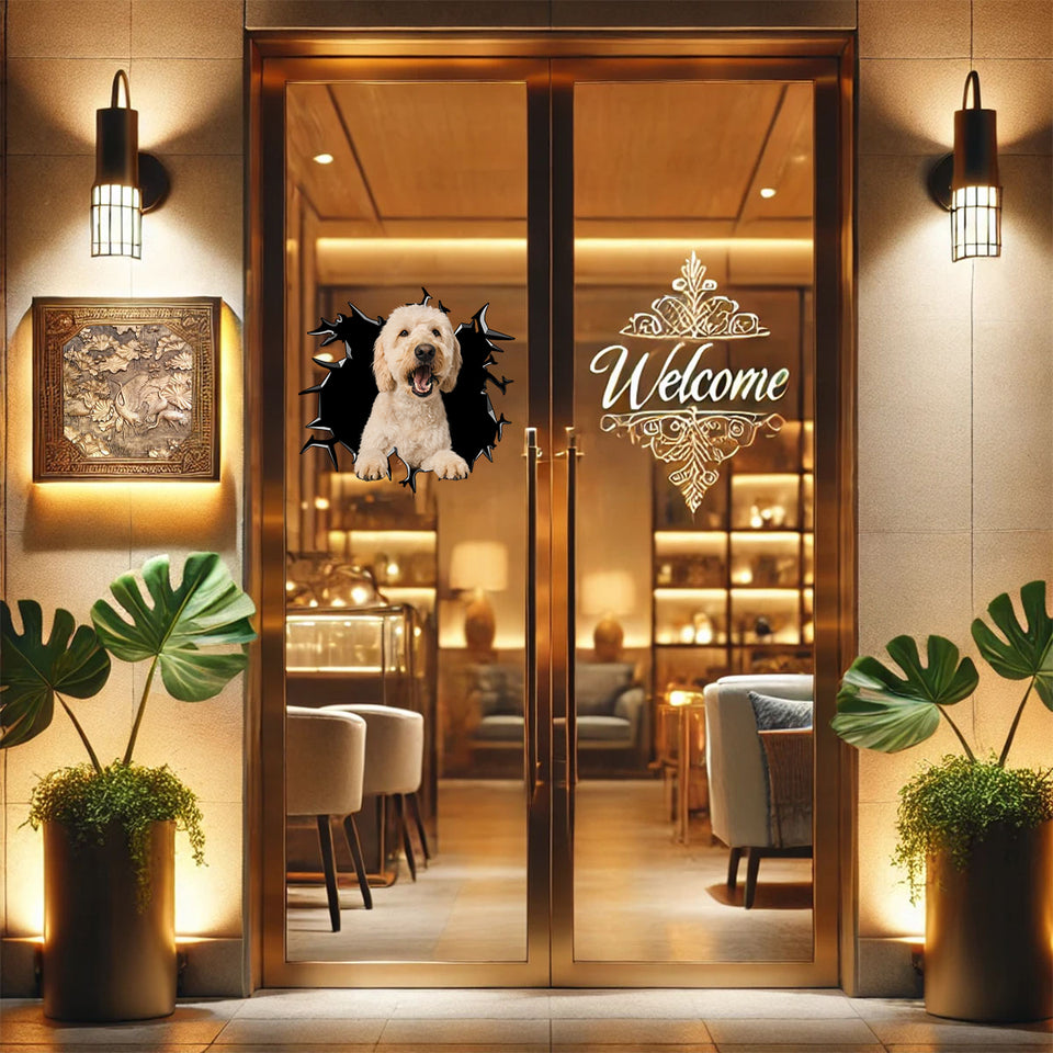 Playful Goldendoodle window decal installed neatly on a glass patio door.