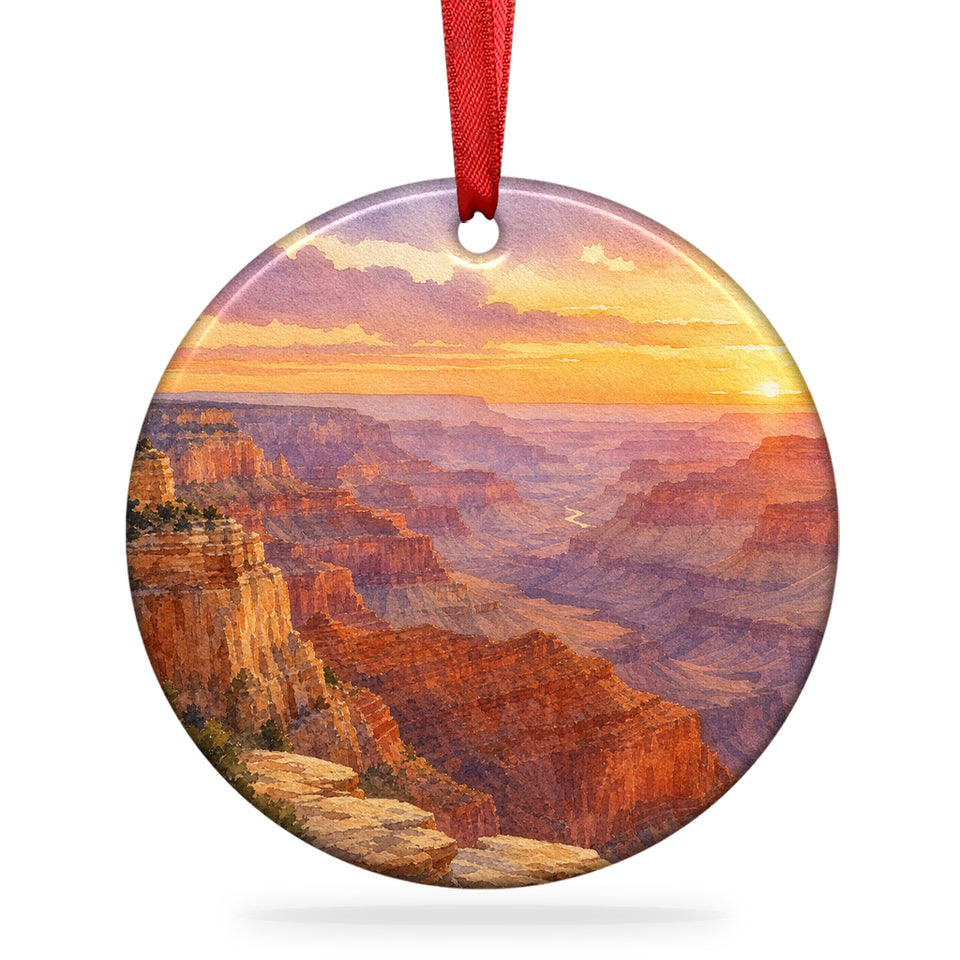 Grand Canyon Christmas ornament featuring watercolor canyon cliffs on a plain white background.