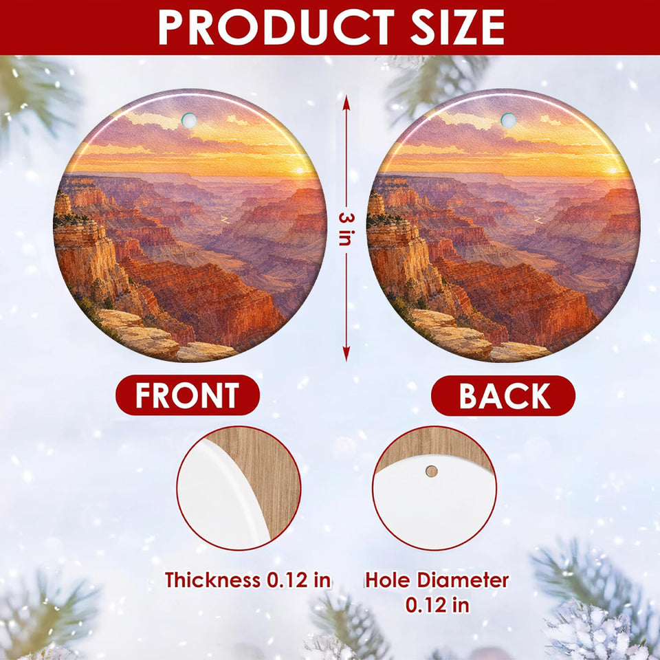 Product size chart showing the 3-inch circular dimensions and double-sided print of the ornament.