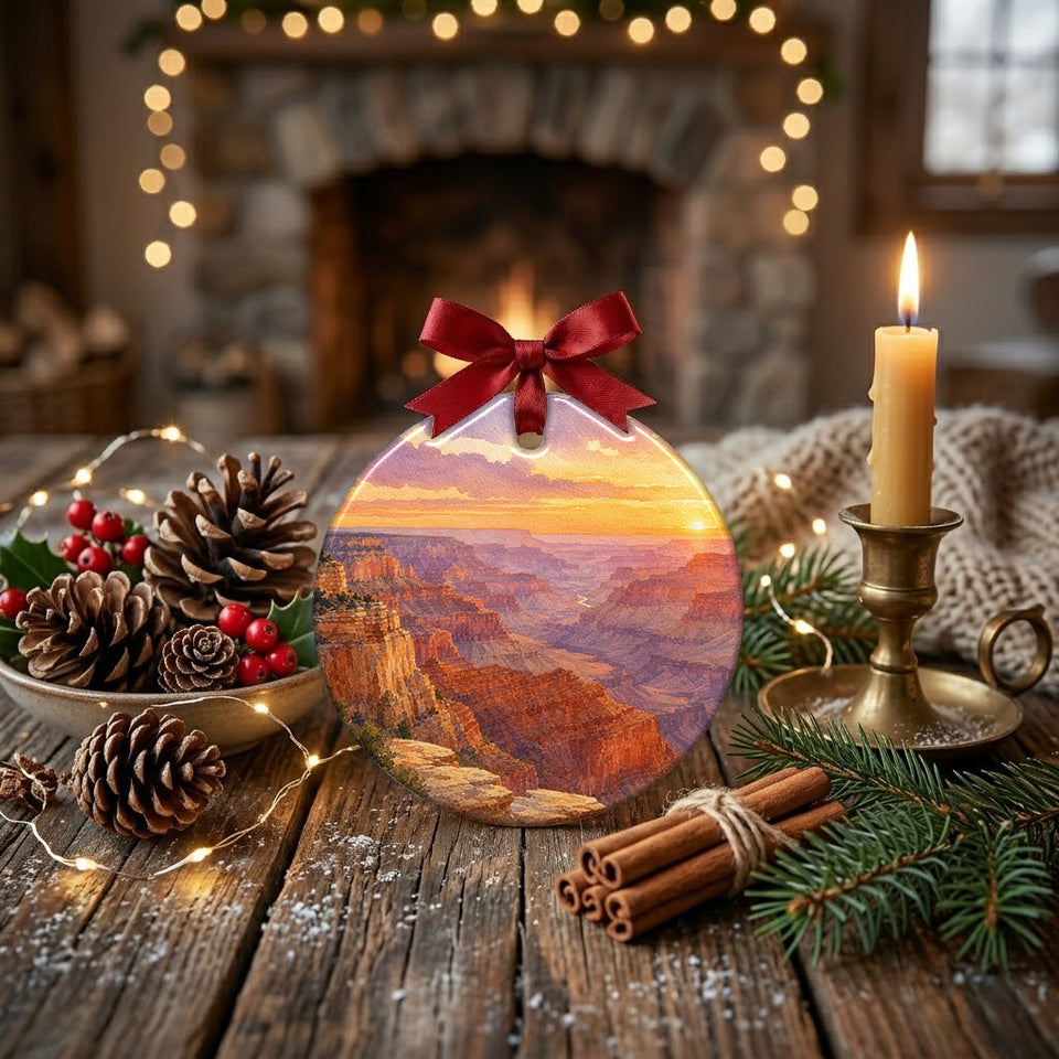 Round ceramic national park decoration placed on a rustic holiday table with pinecones and a candle.