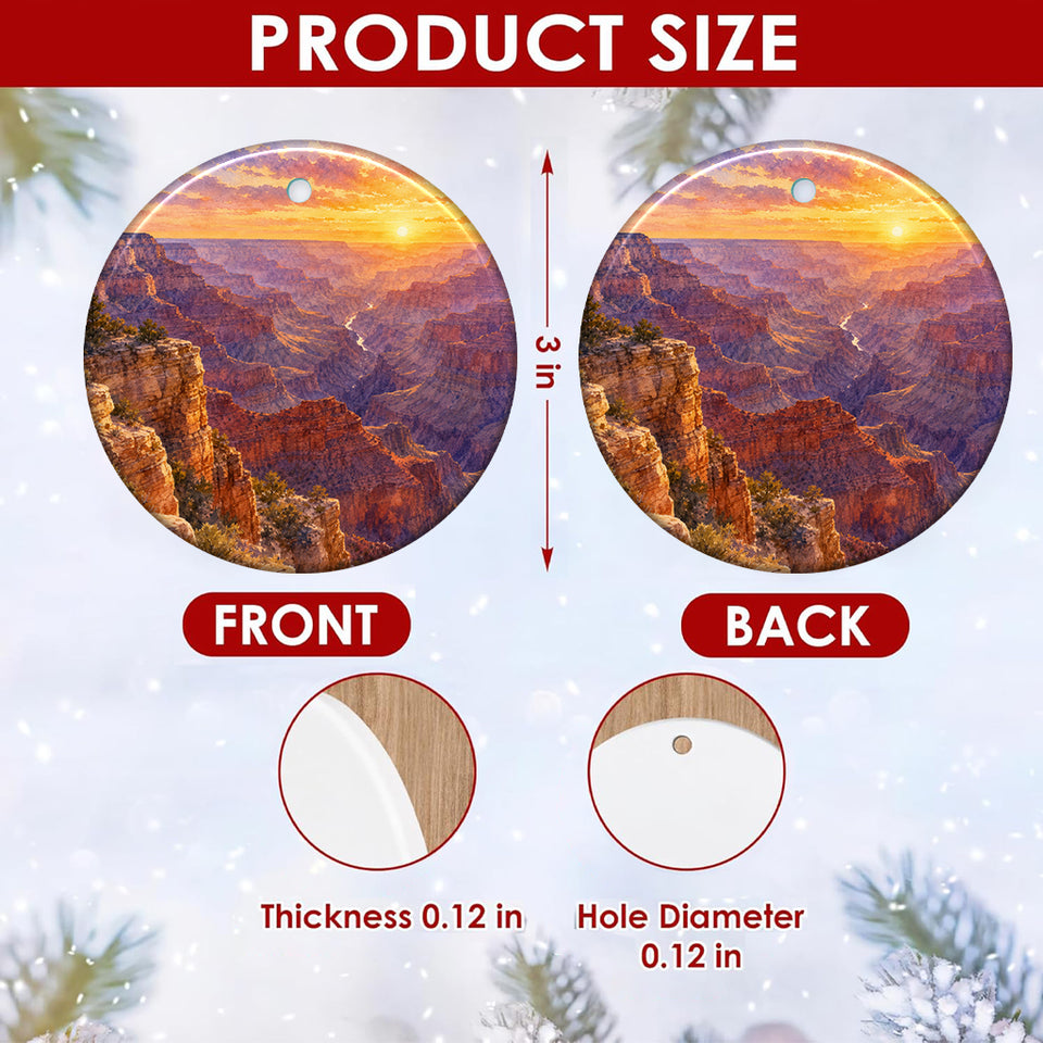 Detailed size chart showing the 3-inch diameter and double-sided print of the ceramic ornament.