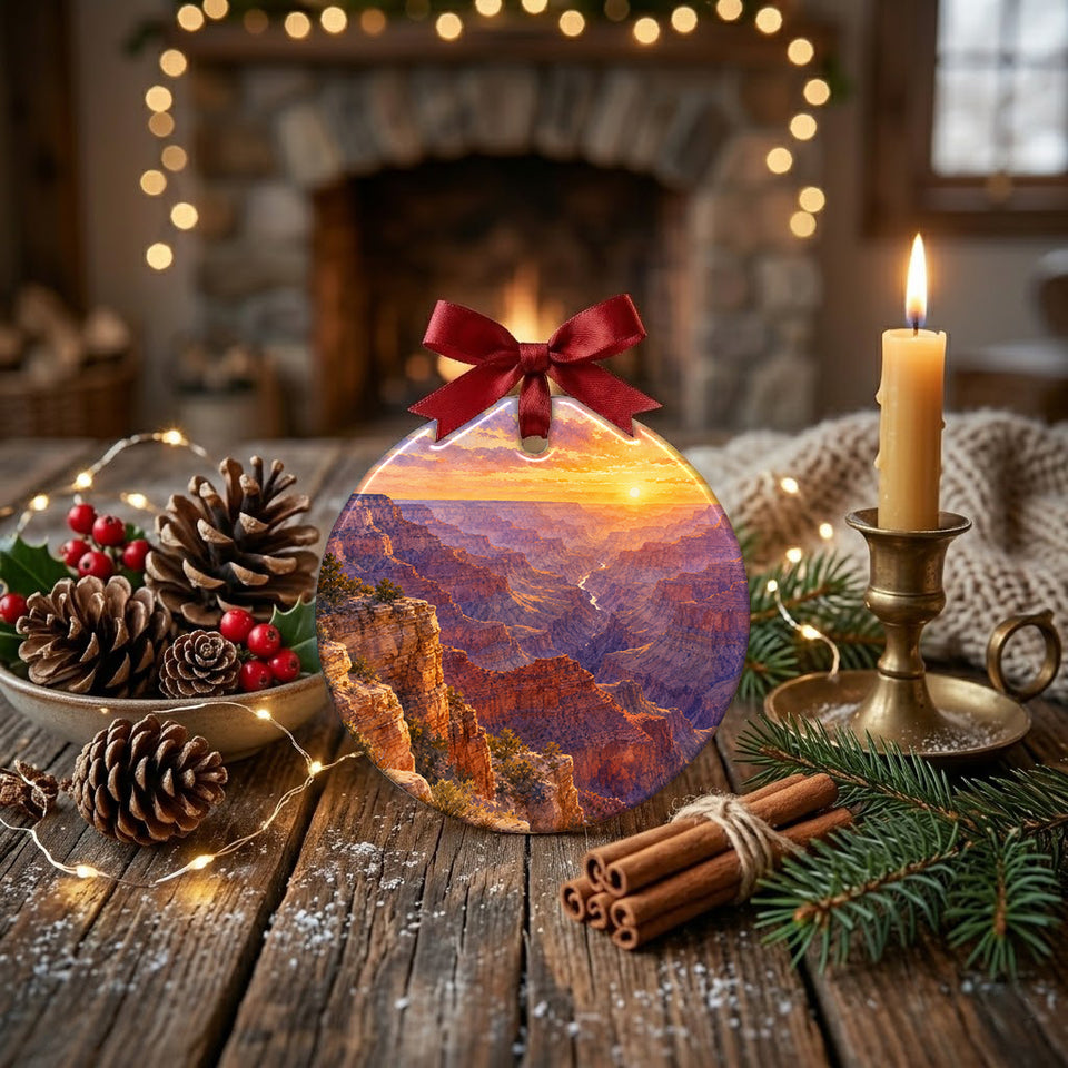 Travel vista keepsake arranged on a rustic table with a seasonal pinecone and glowing candle.