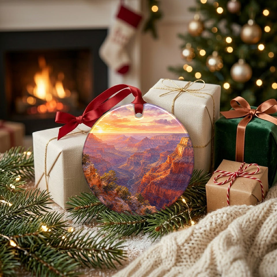 Southwest travel ornament resting near wrapped gifts beside a warm and glowing fireplace.