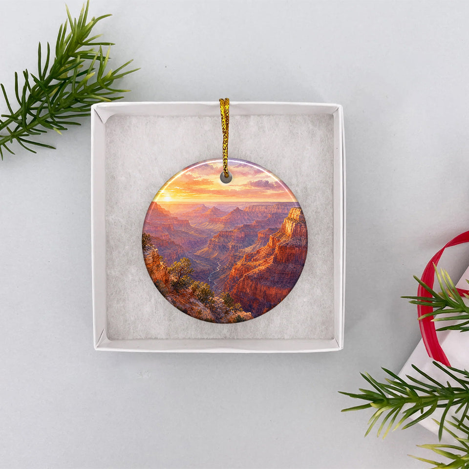 Scenic Arizona round ornament nestled inside an opened white gift box ready for giving.
