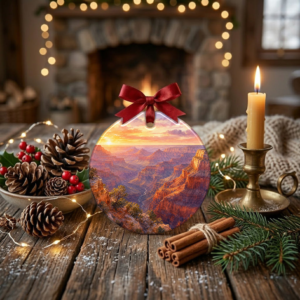Road trip keepsake arranged beside a decorative pinecone on a rustic table display.