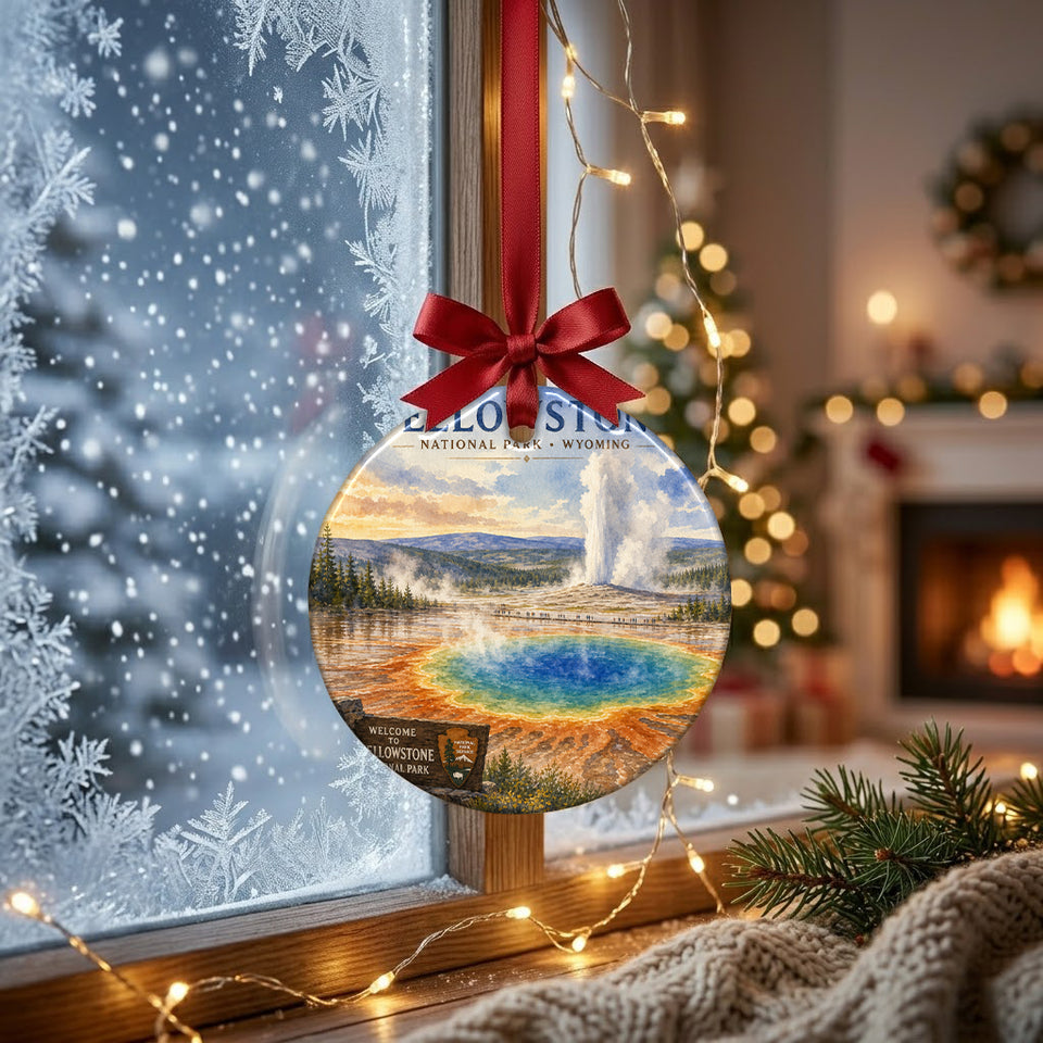 Vibrant geothermal art ornament displayed in front of a frosty winter window in natural daylight.