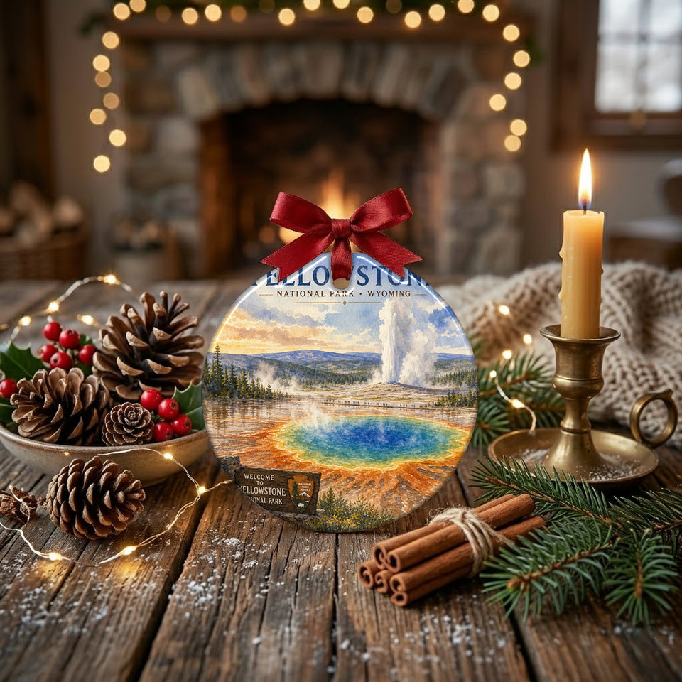 Holiday decoration resting on a rustic tabletop surrounded by seasonal pinecones and candlelight.