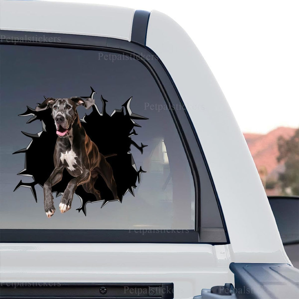 Standalone product design of a Great Dane breaking through cracked glass.