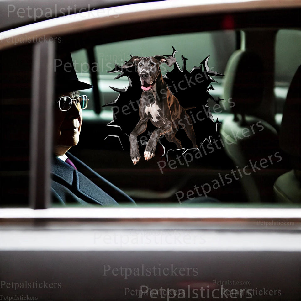 Vibrant Great Dane graphic sticker displayed prominently on a car door.
