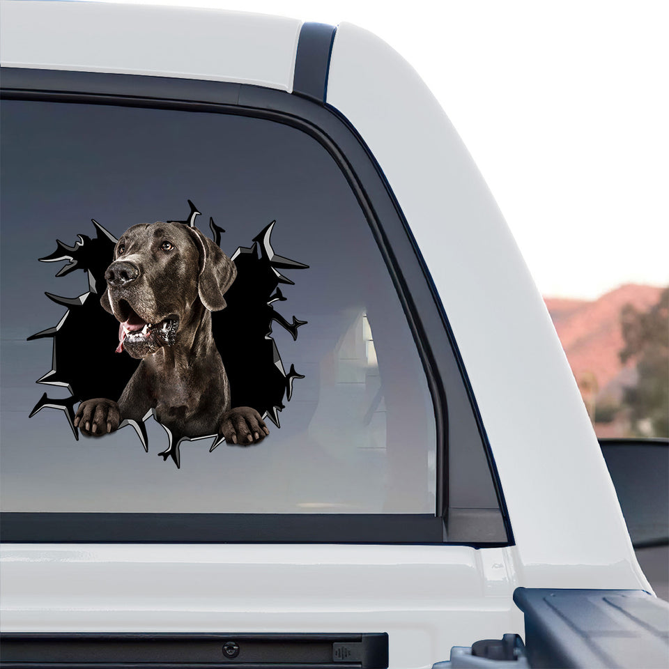 Vibrant Great Dane window decal decorating the rear windshield of a truck on a sunny afternoon.