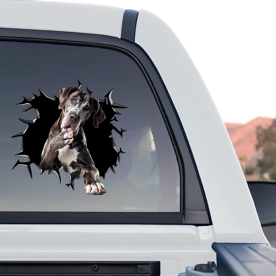 Vibrant Great Dane graphic sticker showcased outdoors on the rear window of a truck.