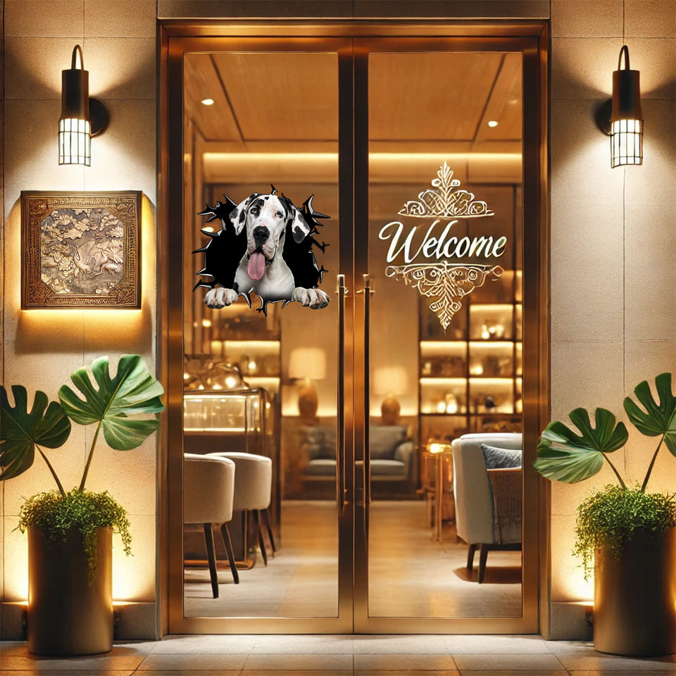 Charming Great Dane dog vinyl art adhered smoothly onto a glass entry door.