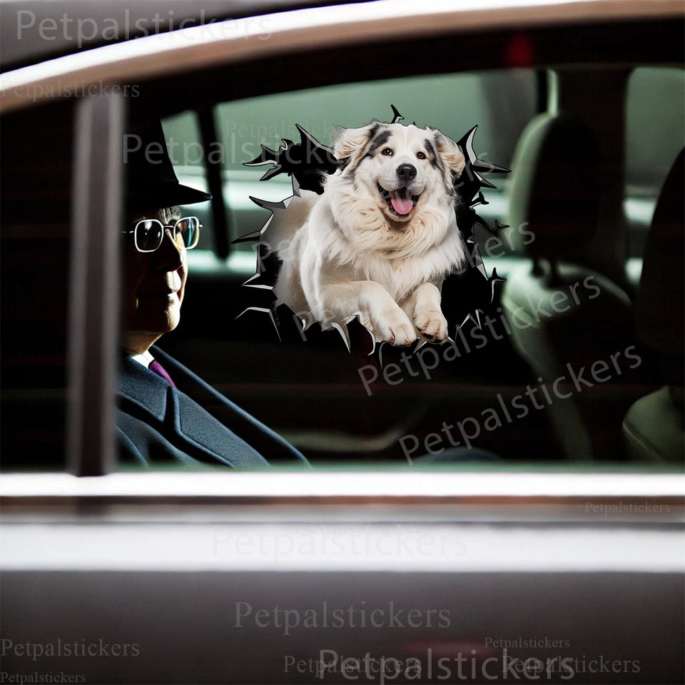Realistic Great Pyrenees dog decal applied cleanly onto a vehicle car door.