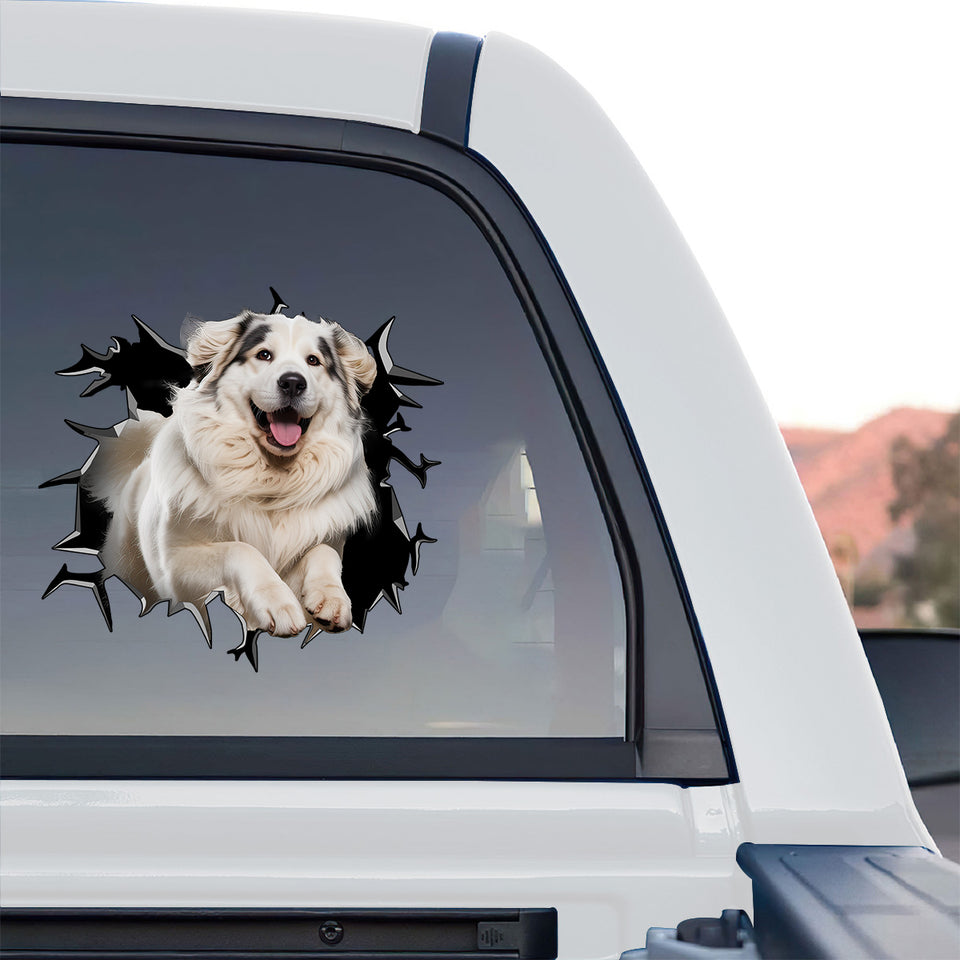 Eye-catching cracked glass dog graphic sticker displayed on the rear window of a truck.