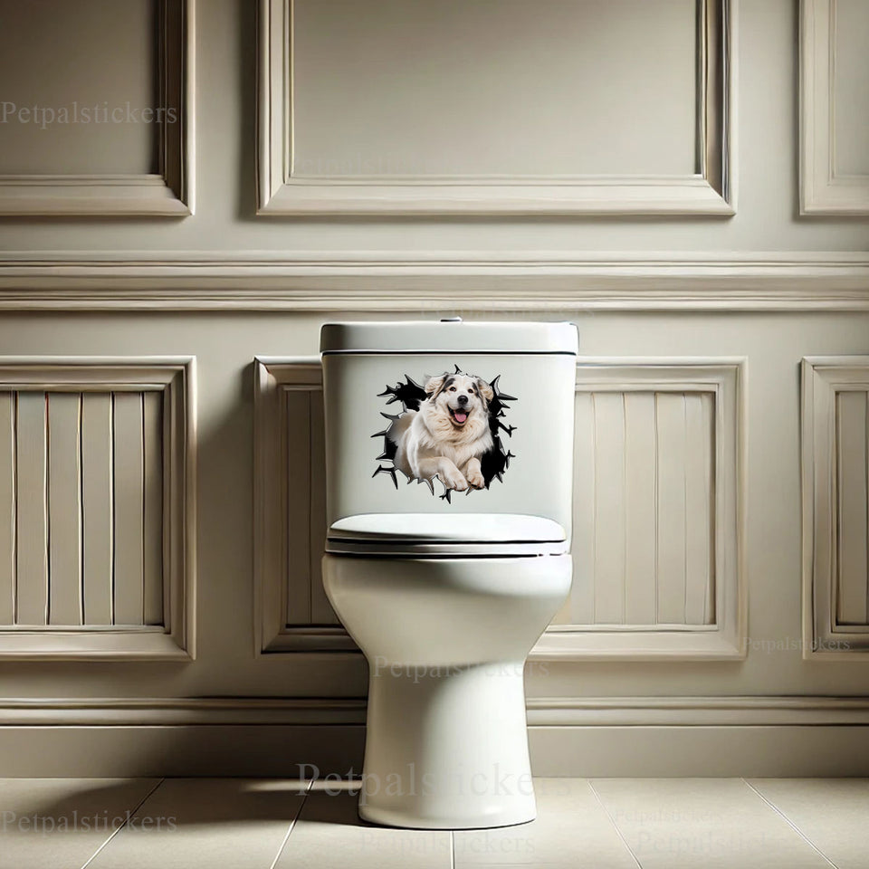 Humorous dog peek sticker creatively stuck to the smooth ceramic surface of a toilet.