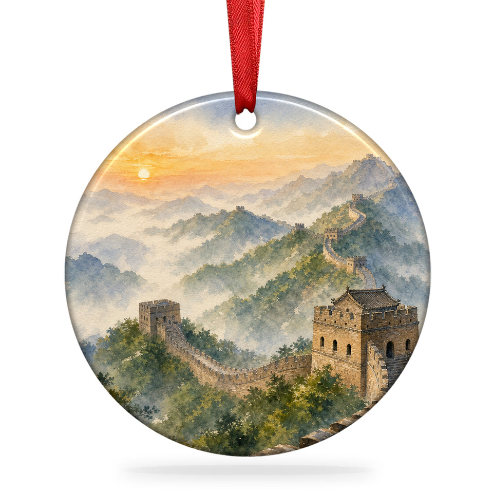 Great Wall of China ceramic ornament shown on a pure white background with attached hanging ribbon.